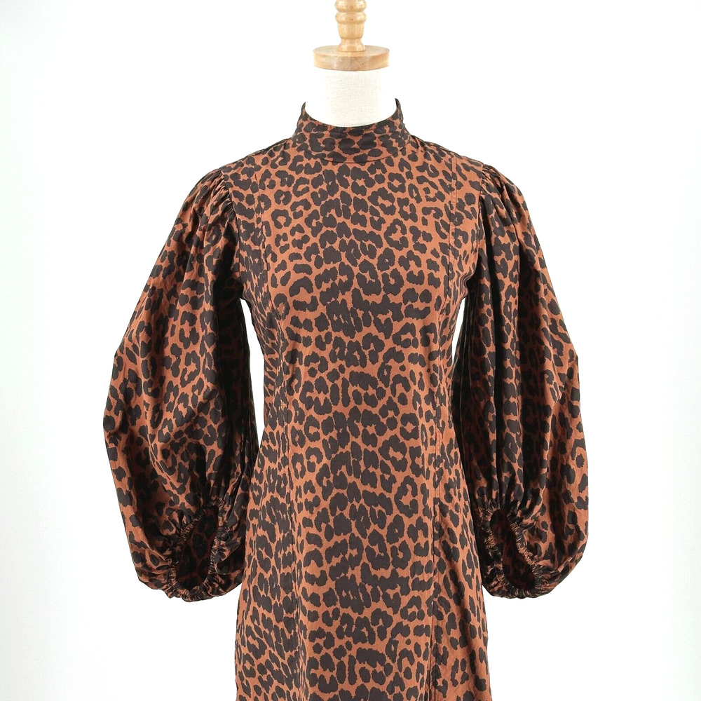Ganni Women Midi Leopard Print Dress 34/XS Balloon Sleeve Poplin Party Event - Picture 2 of 11